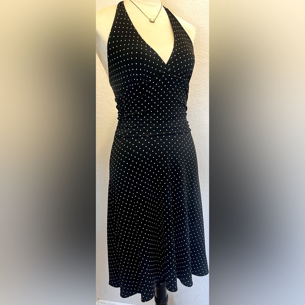 BCBG “Marilyn” Style Halter Dress in Blk W White Polka-dots, Size Petite Small